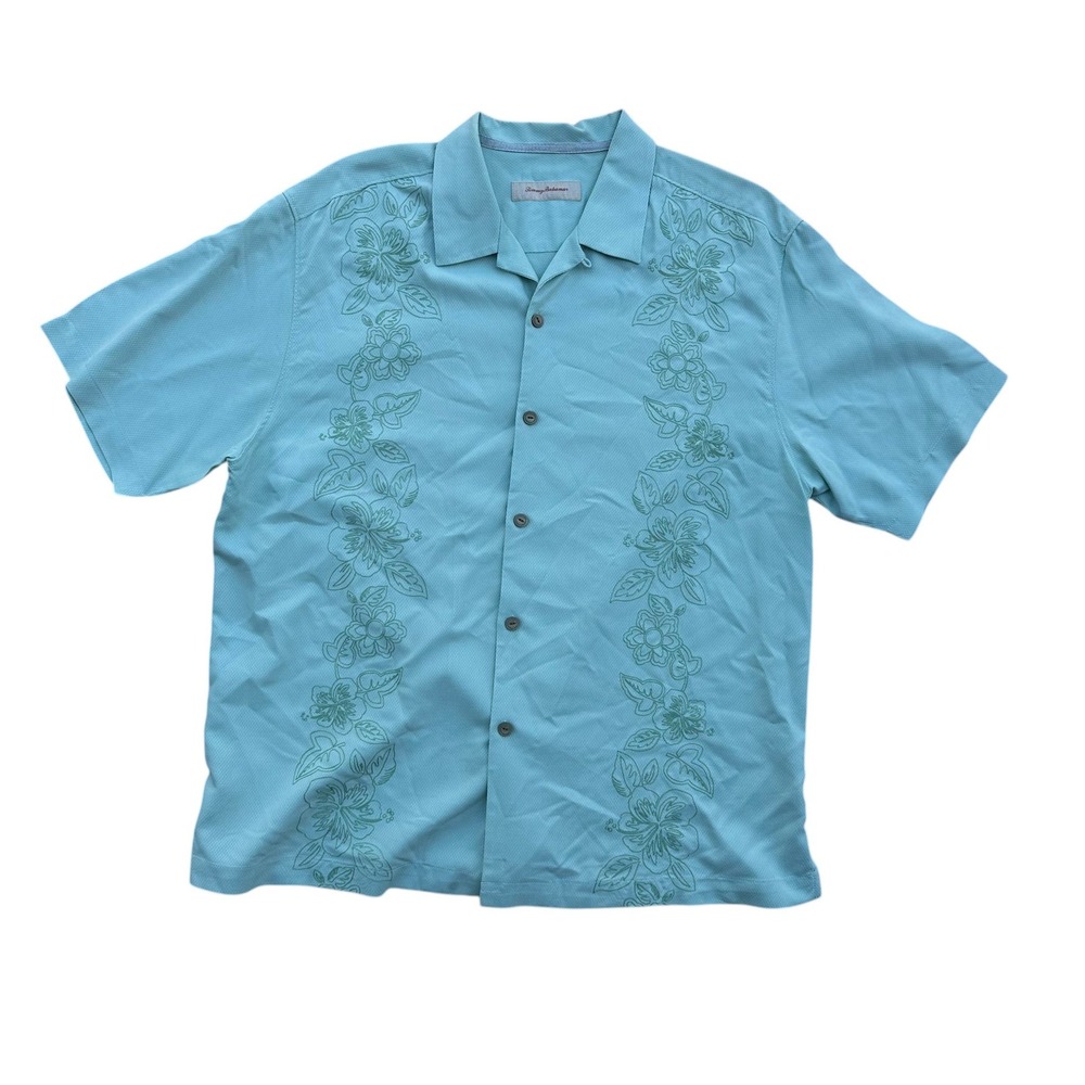 Tommy Bahama Mens Silk Hawaiian Embroidered Shirt XL Aqua Blue Floral Camp Aloha